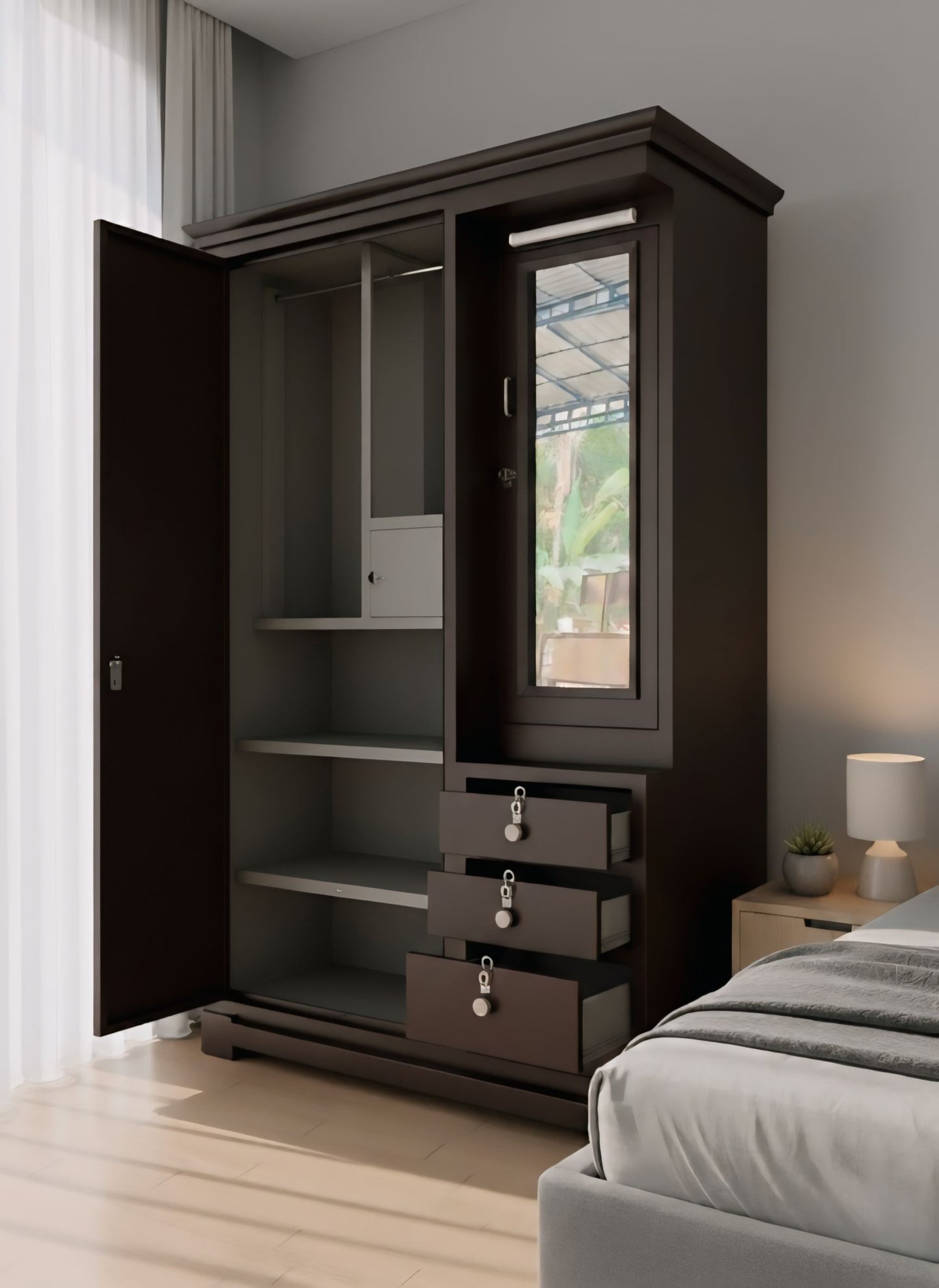 Tata Premium 3-Door Steel Almirah β Mahogany Brown Wooden Finish | CR Sheet (.7, .6, .5 mm) | Dual Mirror Design